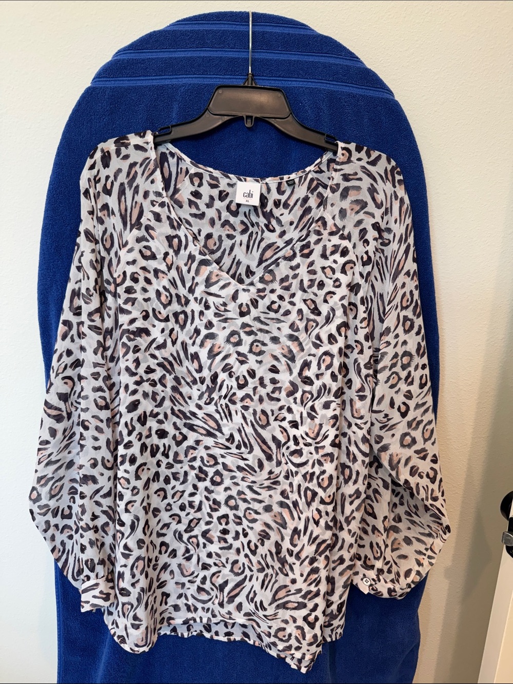 CAbi Ivory Leopard-Print V-Neck Blouse with Black and Brown Accents
